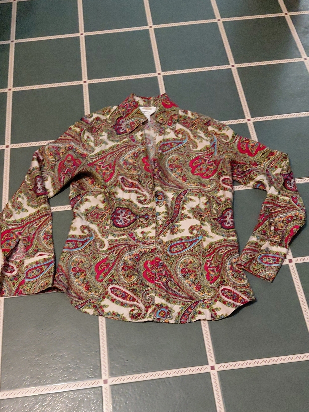Talbots Cream Paisley Button-Down Shirt with Red & Green Accents